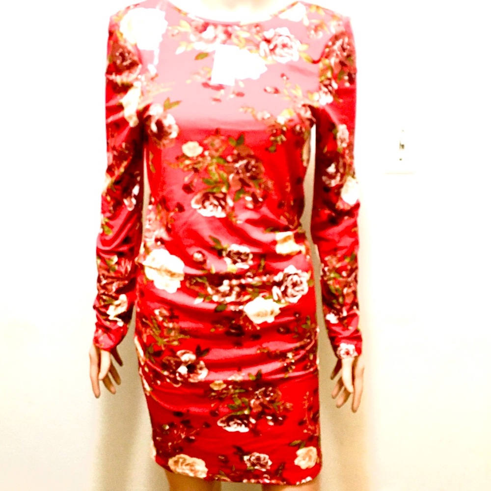 NWT Red with White Roses Bodycon Dress